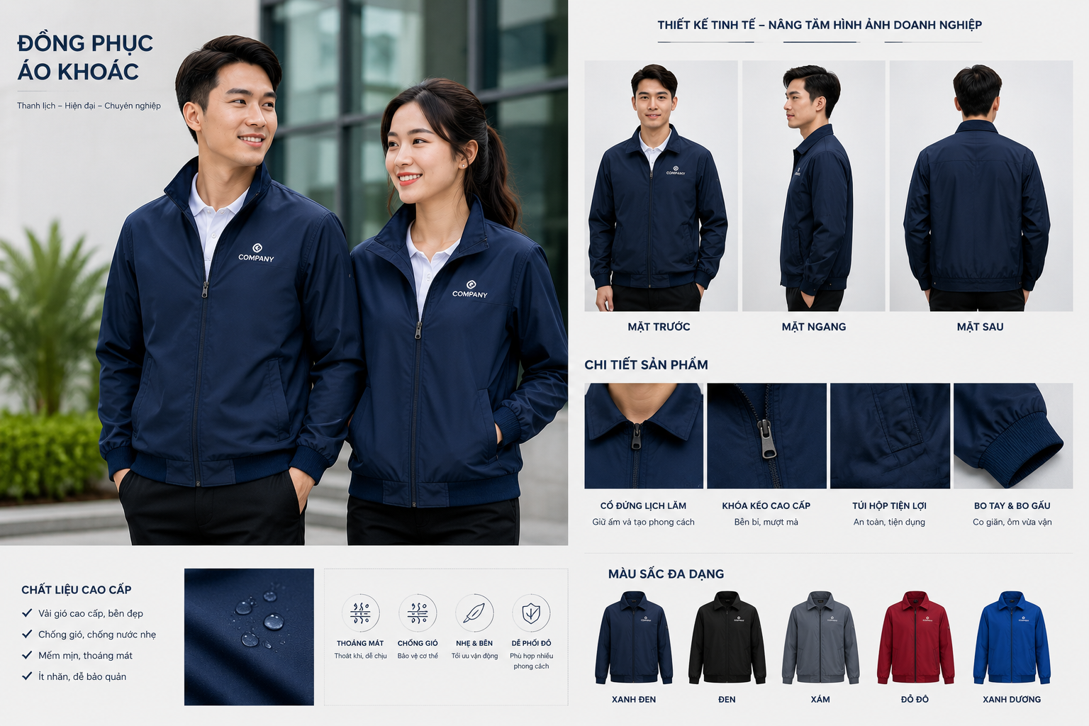 Mẫu đồng phục áo khoác gió công ty thiết kế 2 lớp chống nước, cản gió cao cấp từ DeCharme