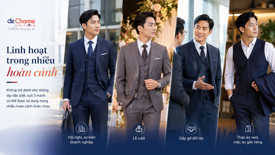 Bộ suit 3 mảnh ứng dụng trong nhiều hoàn cảnh khách nhau