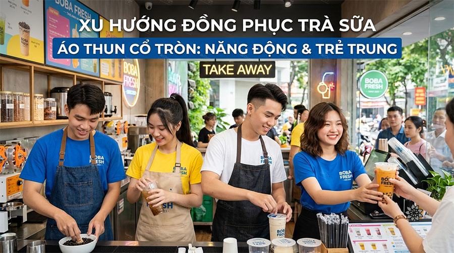 mẫu áo thun cổ tròn cho đồng phục quán trà sữa