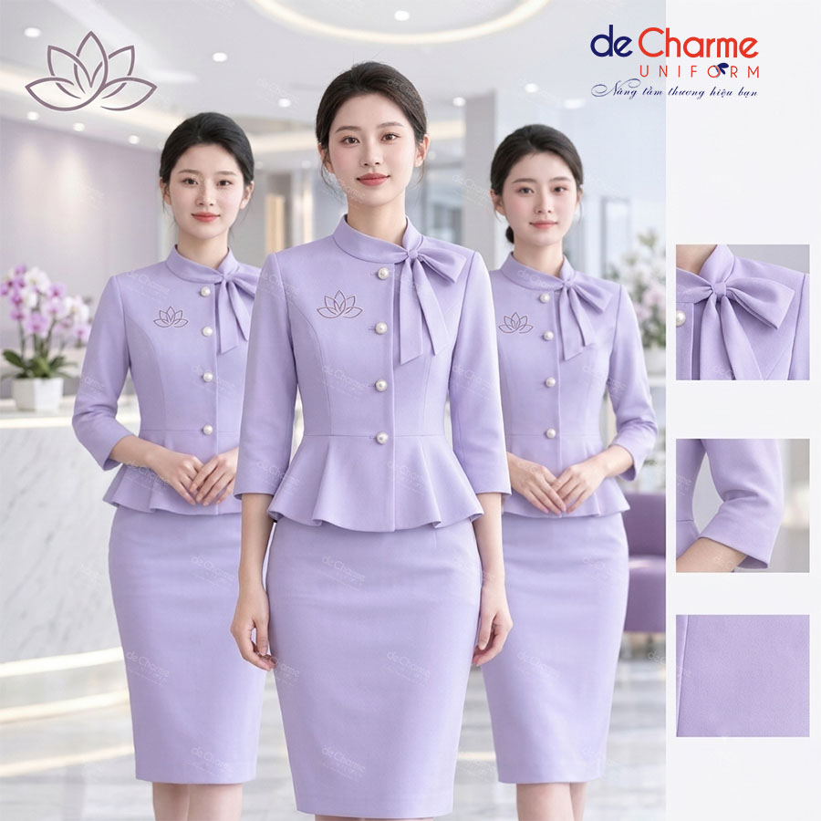 Đồng phục lễ tân spa thường là các mẫu đầm liền ôm body nhẹ nhàng